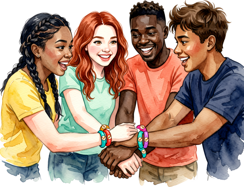 Friendship bracelets group hands stacked, a heartwarming friends PNG illustration for unity themes