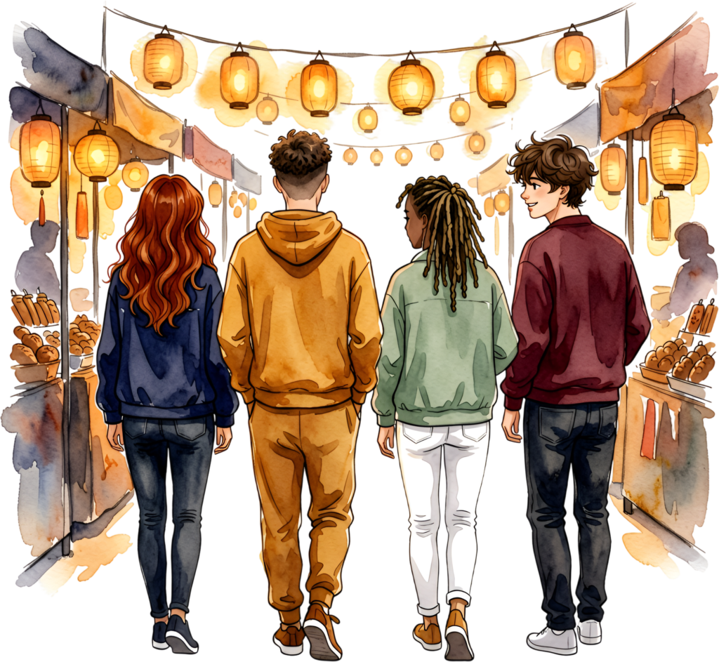 Night market friends walking, a cozy group PNG illustration depicting cultural exploration