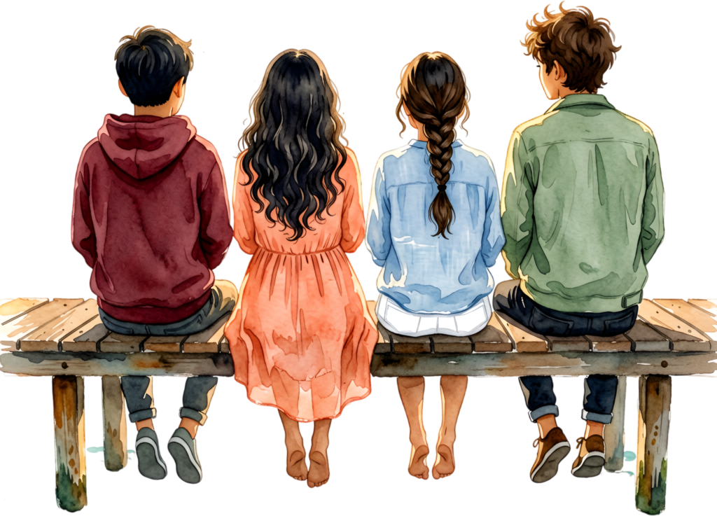 Dock sitting friends watercolor illustration, a serene group PNG asset for calm outdoor scenes