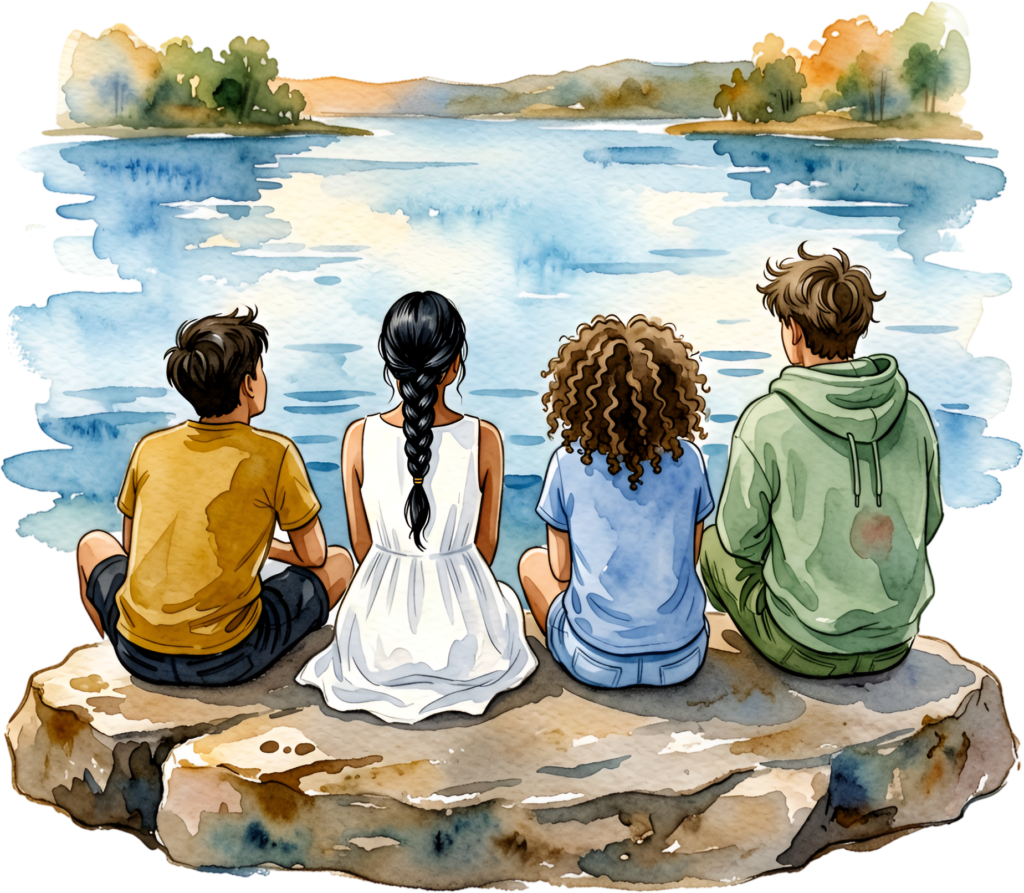 Lake view friends on rocks, a peaceful group PNG illustration for natural landscape themes