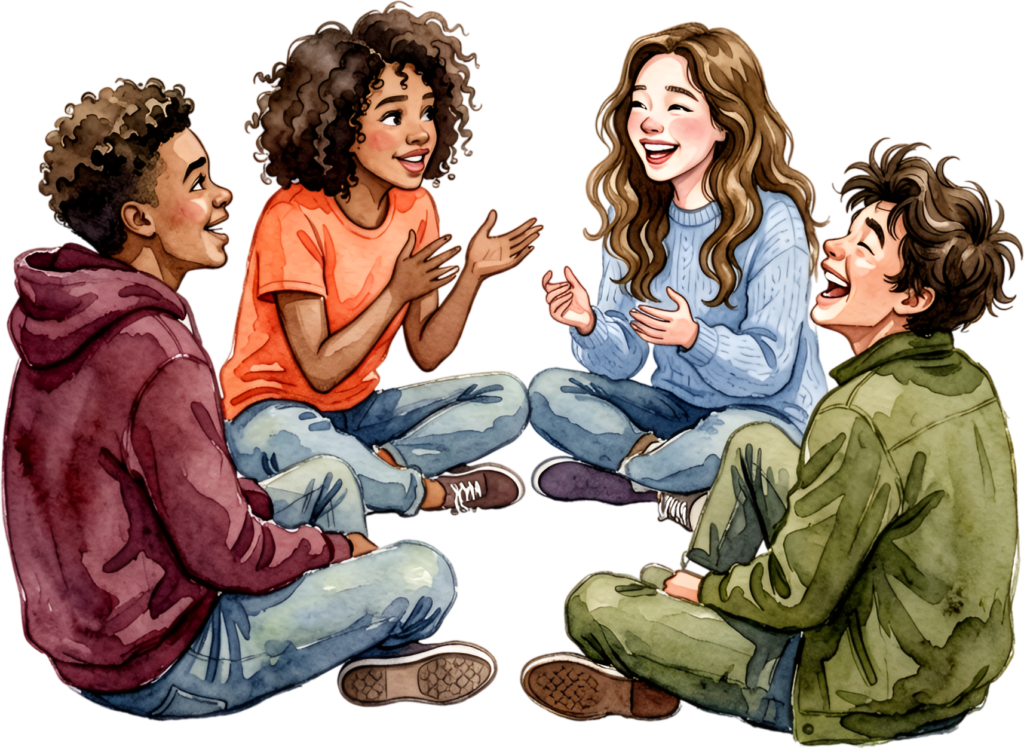 Friends talking circle watercolor illustration, an engaging group PNG asset for communication designs