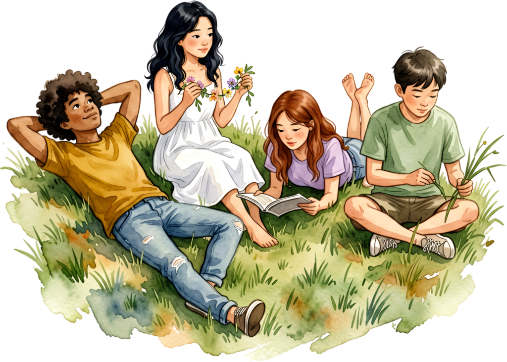 Friends relaxing grass watercolor illustration, a tranquil group PNG asset for outdoor leisure themes