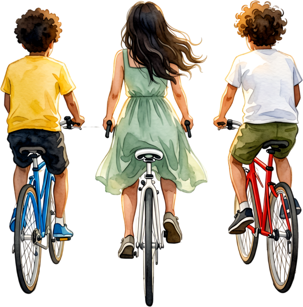 Friends riding bicycles watercolor illustration, an active group PNG asset for outdoor adventure themes