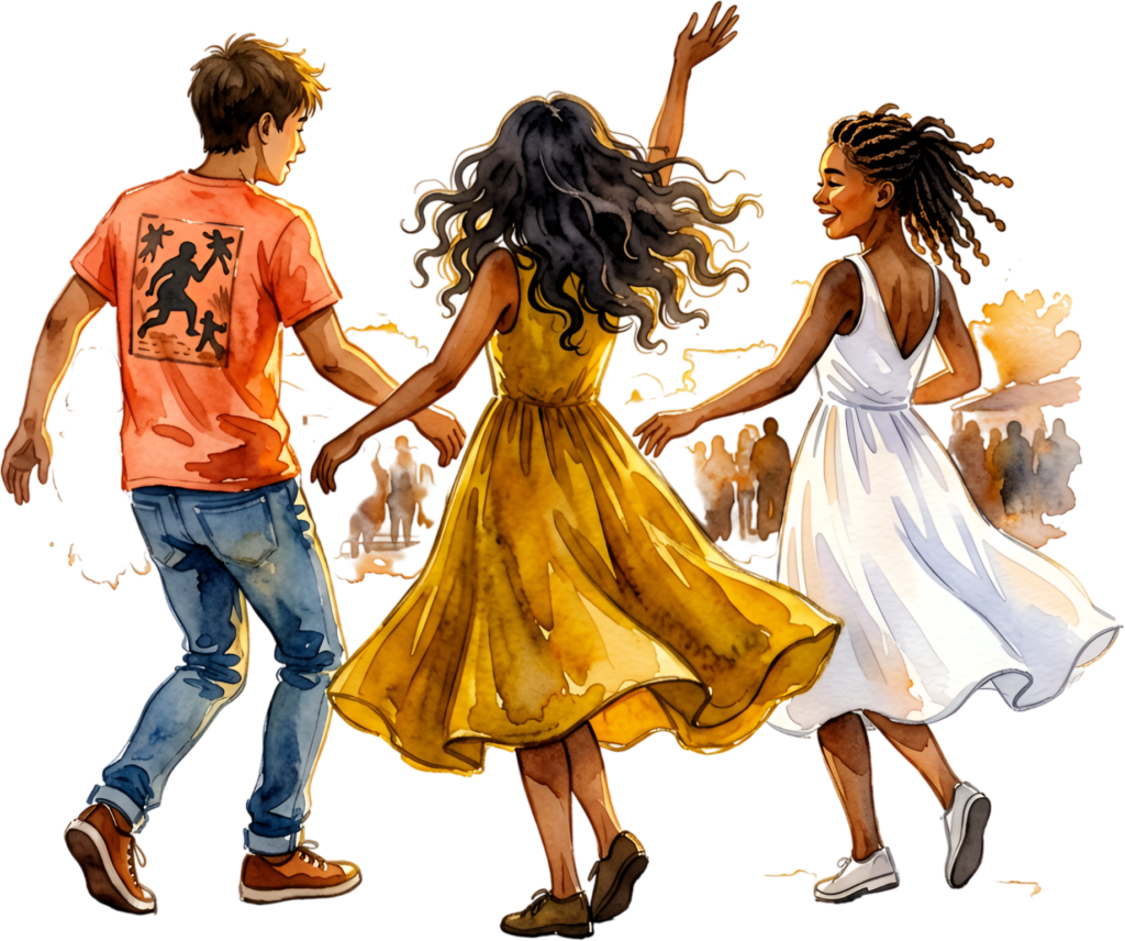Friends dancing joyfully watercolor illustration, a vibrant group PNG asset for celebration events