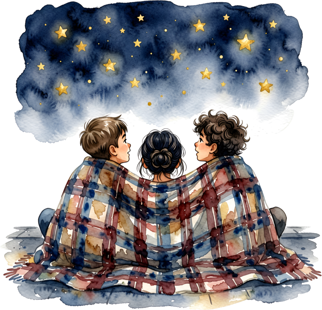 Stargazing friends blanket watercolor illustration, a cozy group PNG asset for night sky themes