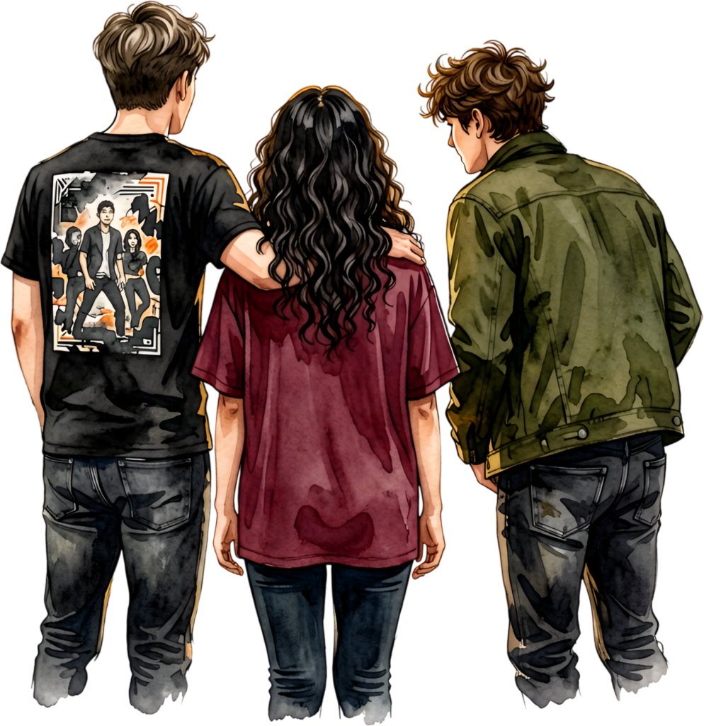 Supportive friends walking watercolor illustration, a casual group PNG asset for companionship themes