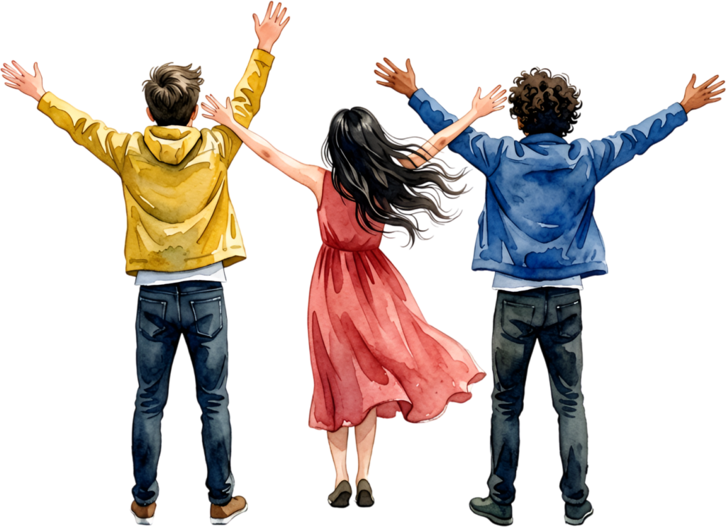 Friends arms outstretched watercolor illustration, a triumphant group PNG asset for freedom themes