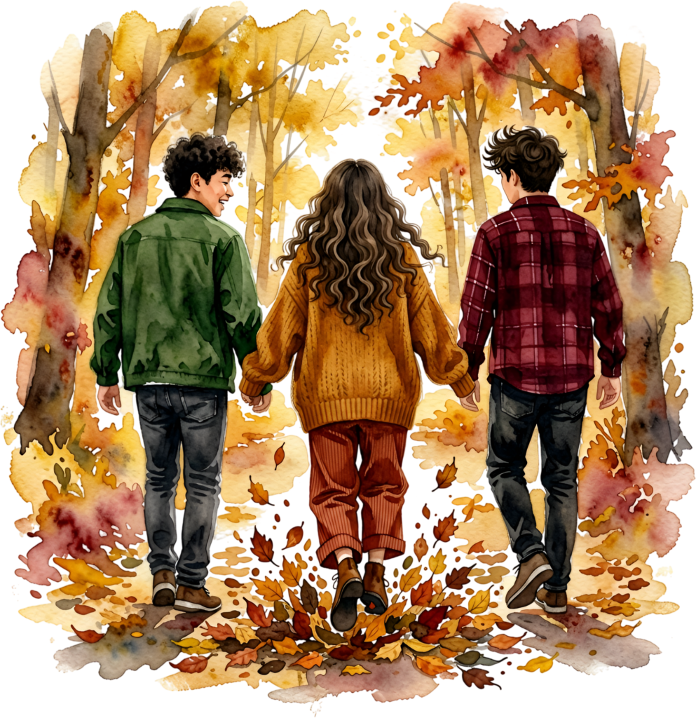 Autumn forest friends walking, a cozy group PNG illustration for fall season designs