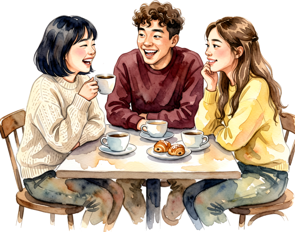 Cafe friends coffee watercolor illustration, a cozy group PNG asset for social gathering themes