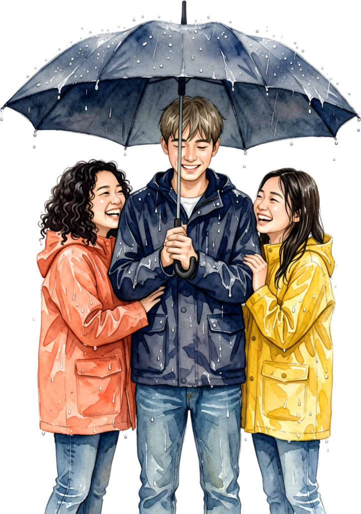Umbrella sharing friends watercolor illustration, a cheerful group PNG asset for rainy day themes