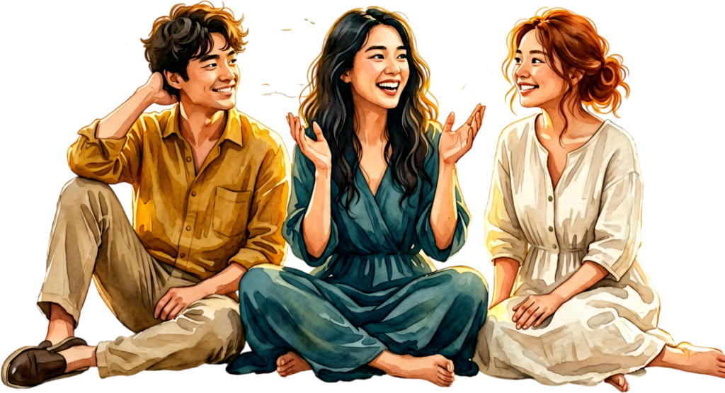 Friends chatting happily watercolor illustration, a relaxed group PNG asset for casual conversation