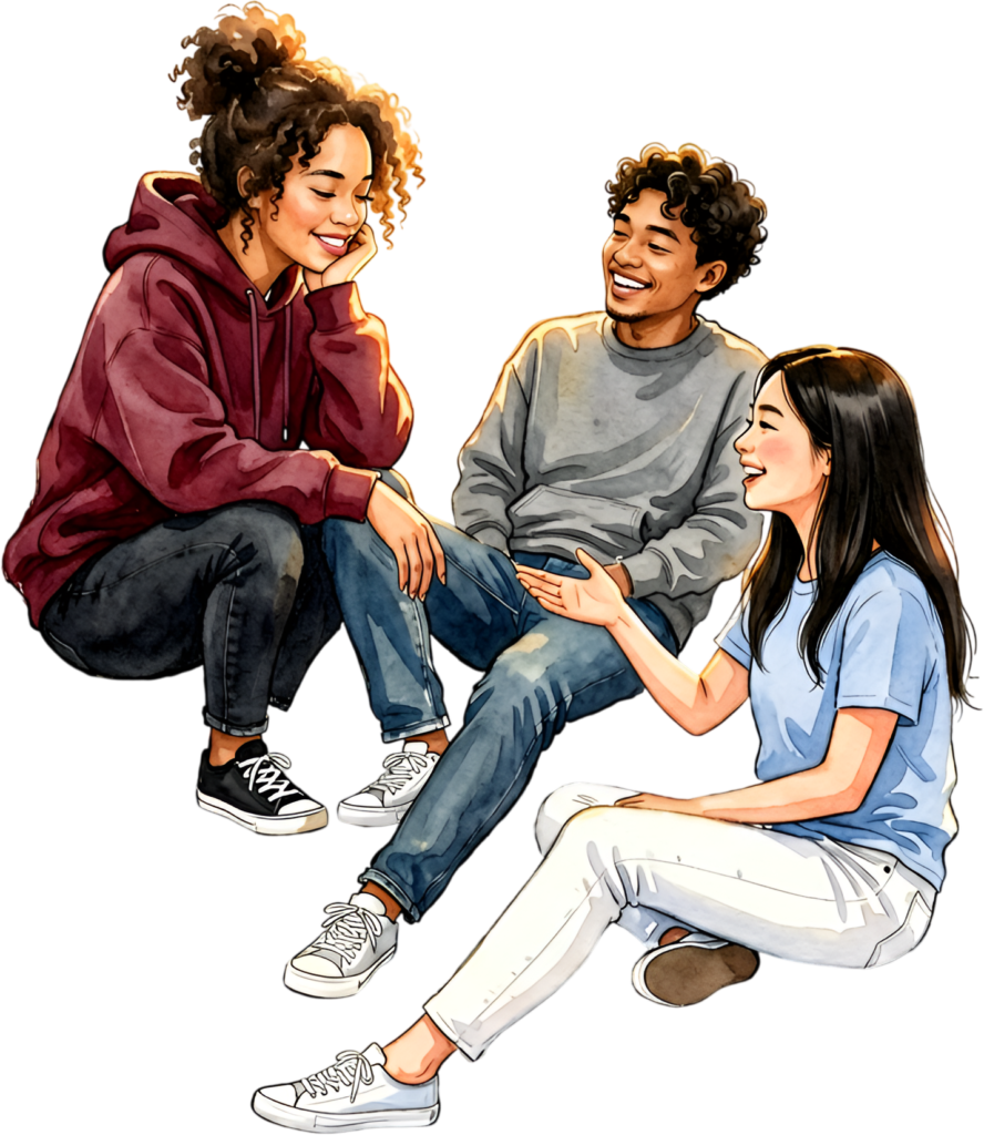 Friends discussing ideas watercolor illustration, a thoughtful group PNG asset for casual conversations
