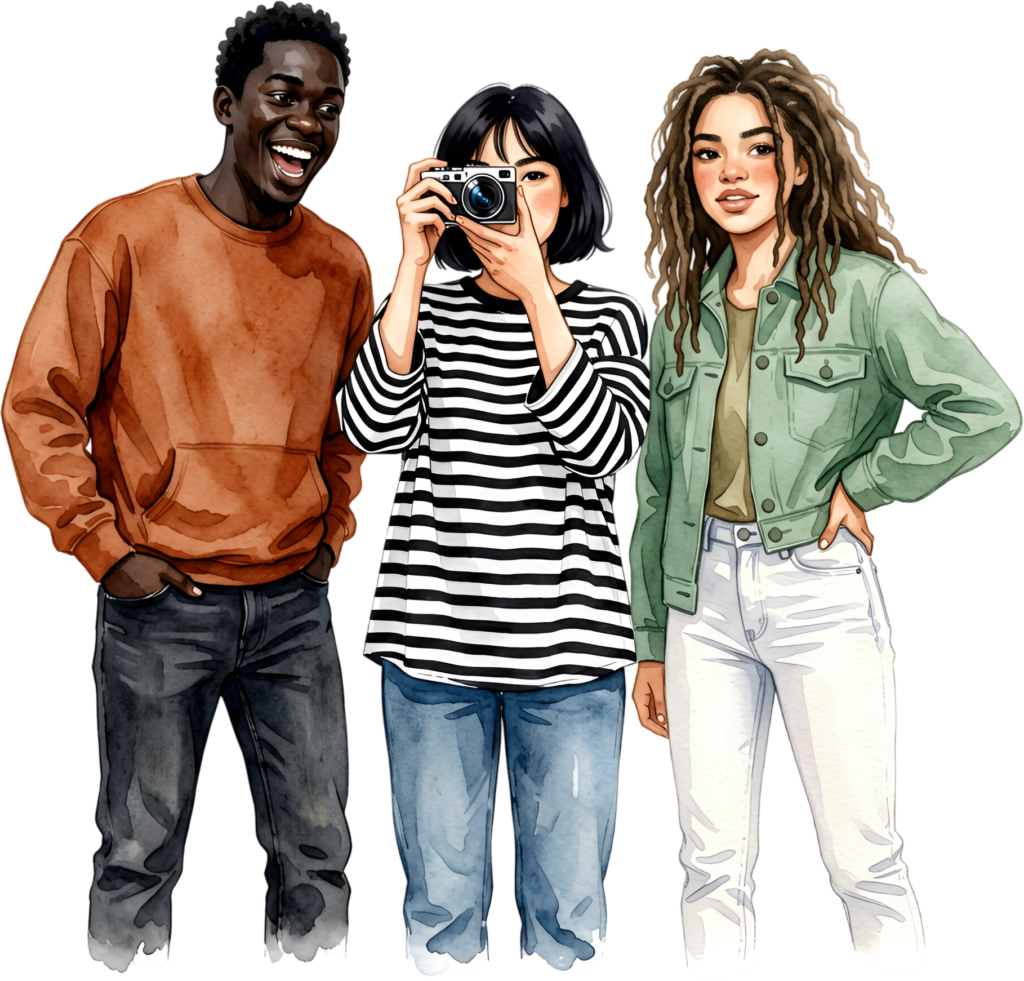 Friends taking photos watercolor illustration, a vibrant group PNG asset for capturing memories