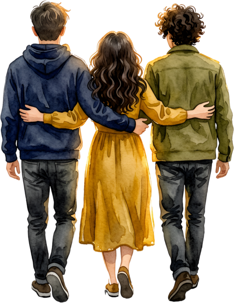 Walking friends arms around, a supportive group PNG illustration for unity and companionship