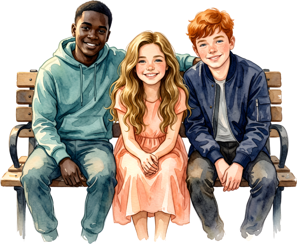 Bench sitting friends watercolor illustration, a happy group PNG asset for casual outdoor scenes