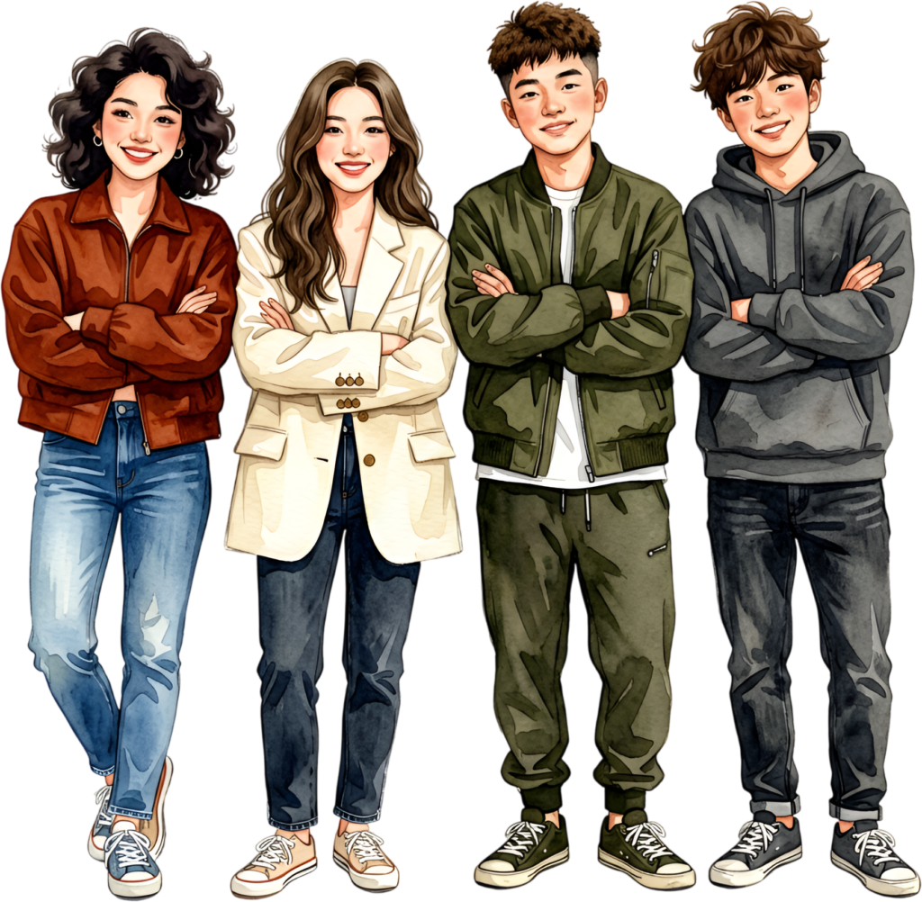 Confident friends standing watercolor illustration, a diverse group PNG asset for strong team imagery