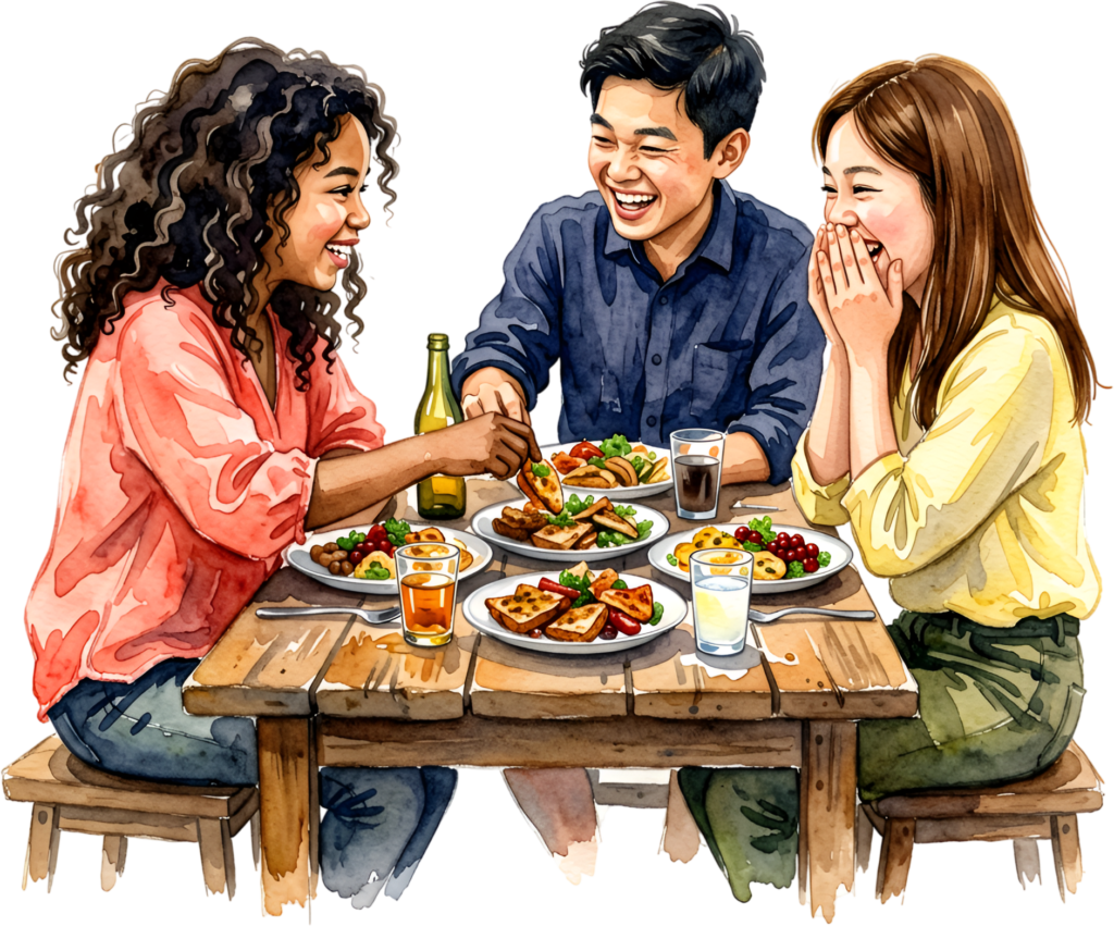 Friends eating dinner watercolor illustration, a joyous group PNG asset for social dining scenes