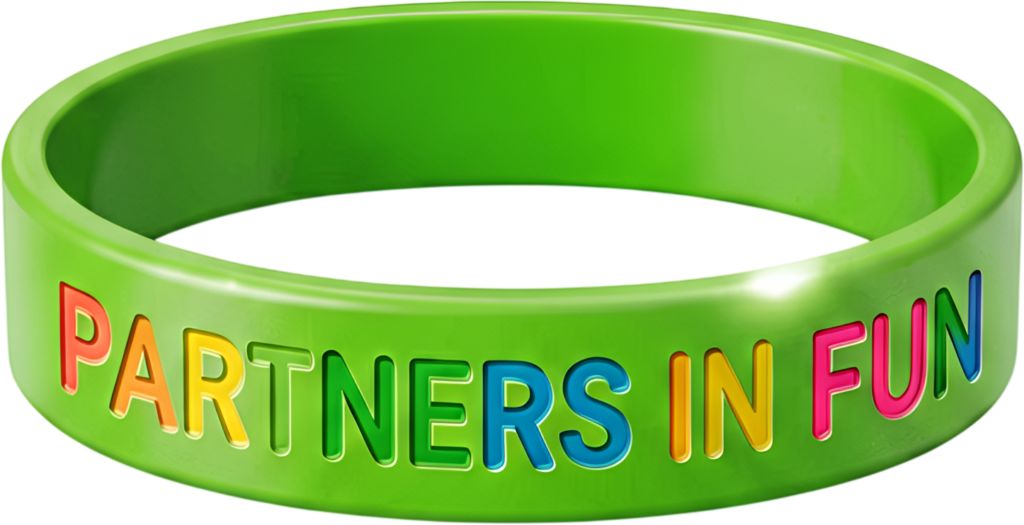Vibrant green silicone wristband, boldly proclaiming “PARTNERS IN FUN,” perfect for a lively PNG Clipart design