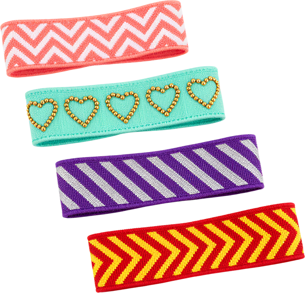 Showcasing four distinct elastic friendship bands featuring varied patterns, excellent as a PNG Clipart collection
