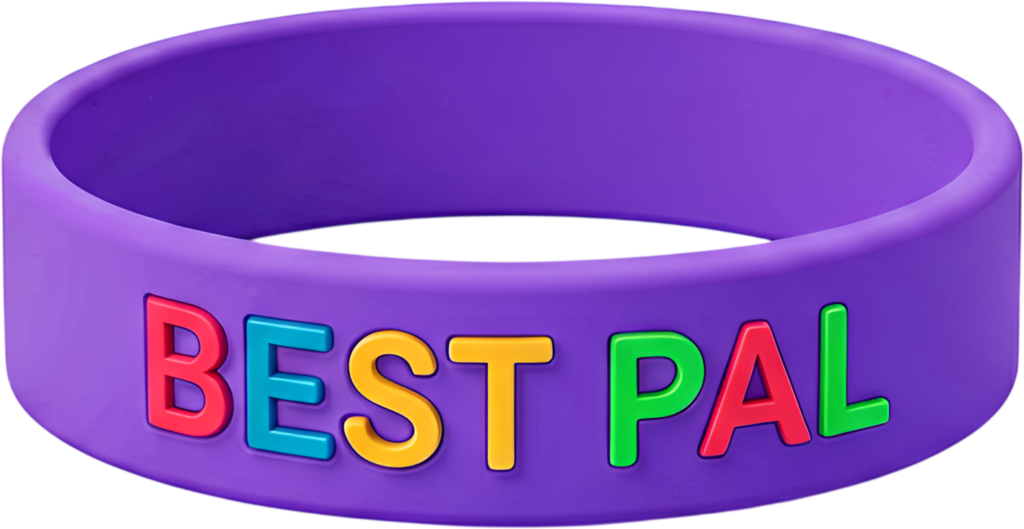 ‘BEST PAL’ inscribed purple silicone wristband, perfect for a personalized PNG Clipart graphic element