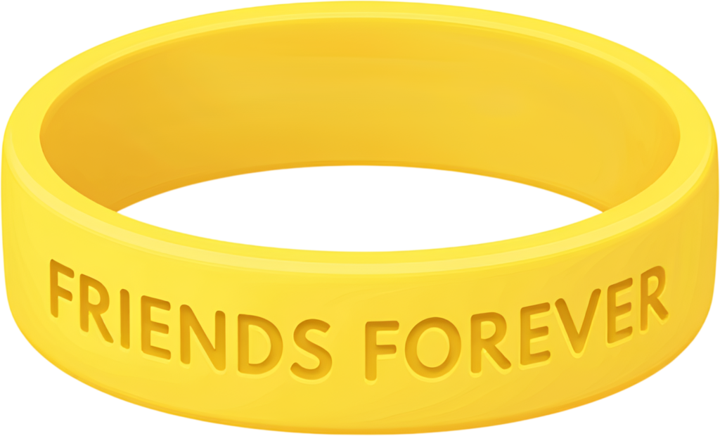 Featuring deeply embossed “FRIENDS FOREVER” text on a bright yellow silicone friendship band, available as PNG Clipart