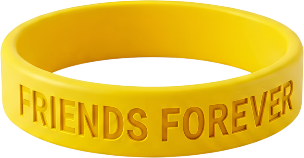 Vivid yellow silicone wristband, showcasing “FRIENDS FOREVER” lettering, ideal for an expressive PNG Clipart graphic