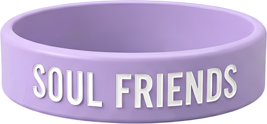 Light purple silicone wristband with striking raised white “SOUL FRIENDS” text, excellent for a PNG Clipart asset