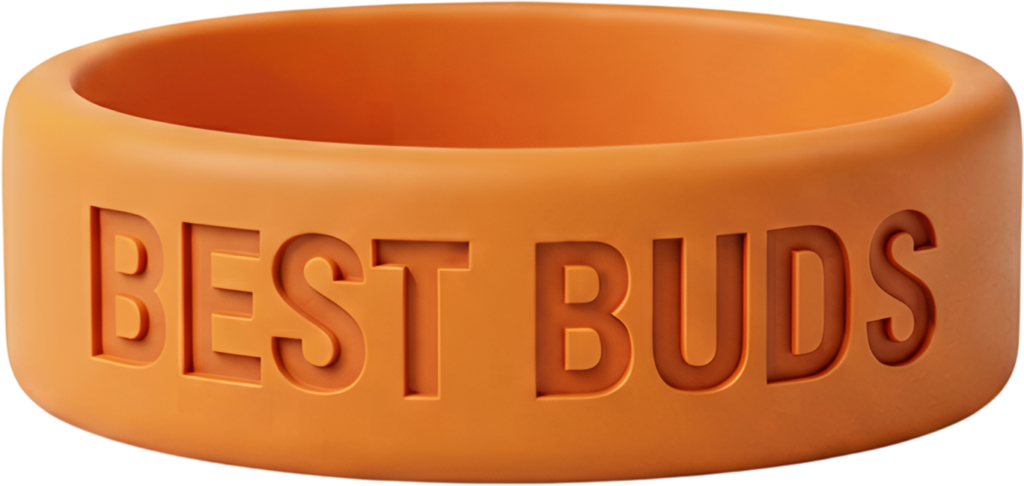 Warm orange silicone wristband, featuring the embossed phrase “BEST BUDS,” ready for a vibrant PNG Clipart project