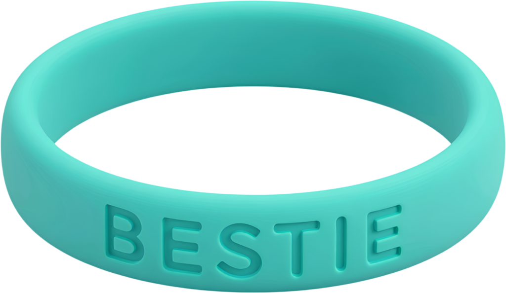 Cool teal silicone wristband, displaying crisp “BESTIE” embossed text, perfect for a stylish PNG Clipart graphic