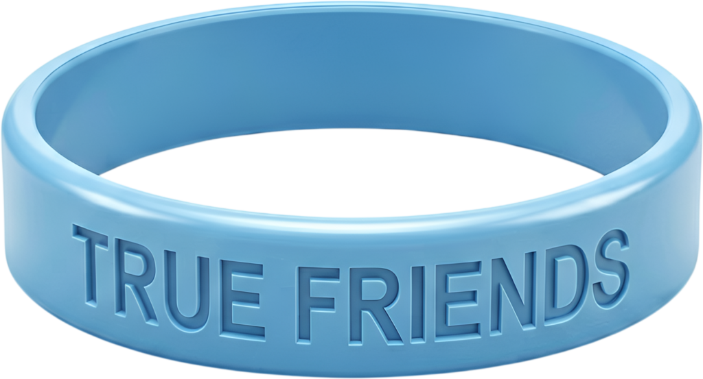 Serene light blue silicone wristband, emblazoned with “TRUE FRIENDS,” a perfect addition as a PNG Clipart graphic