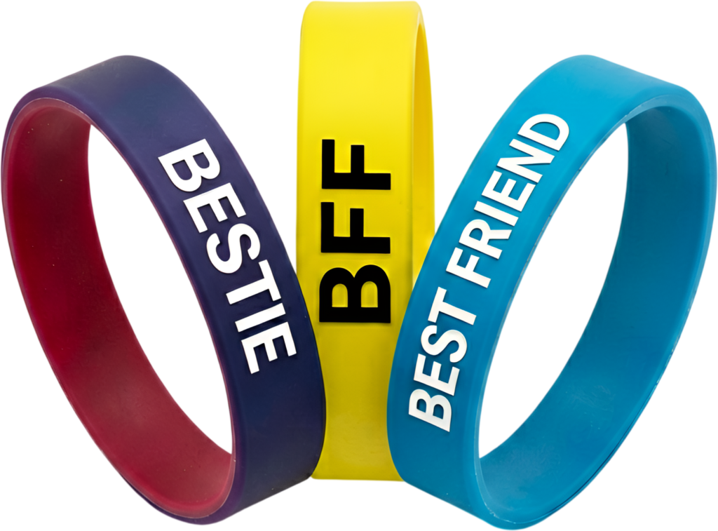 Presenting a vibrant set of three silicone friendship wristbands including ‘BESTIE’, ‘BFF’, ‘BEST FRIEND’ as PNG Clipart