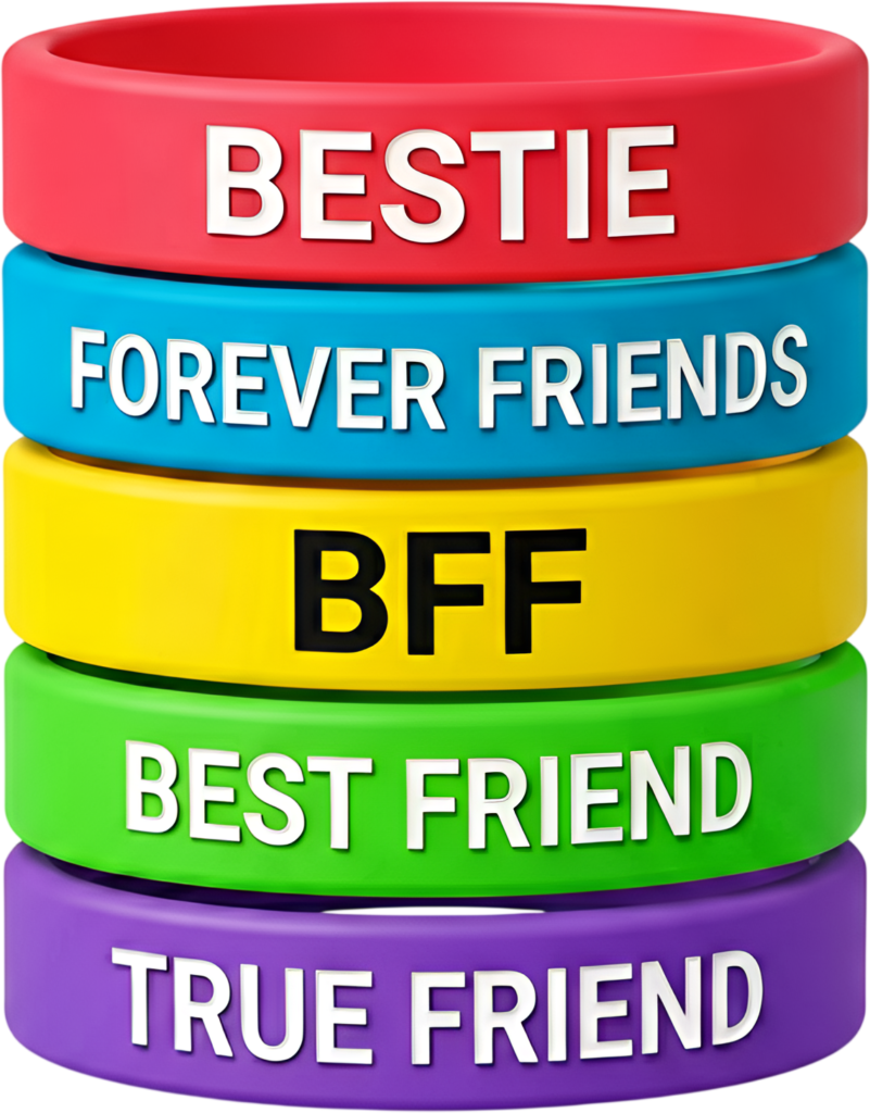 An organized stack of five colorful silicone friendship wristbands, each with unique messages, a versatile PNG Clipart
