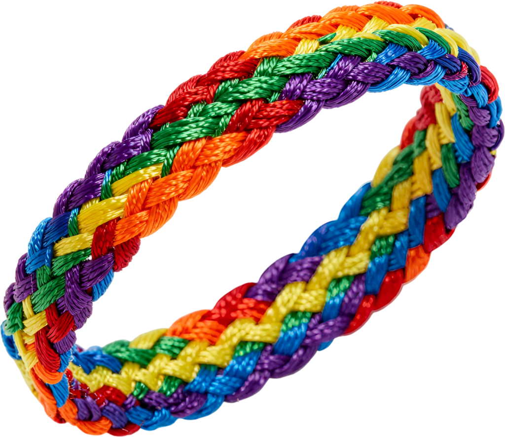 Intricately braided rainbow friendship bracelet, bursting with vibrant colors, an excellent PNG Clipart element