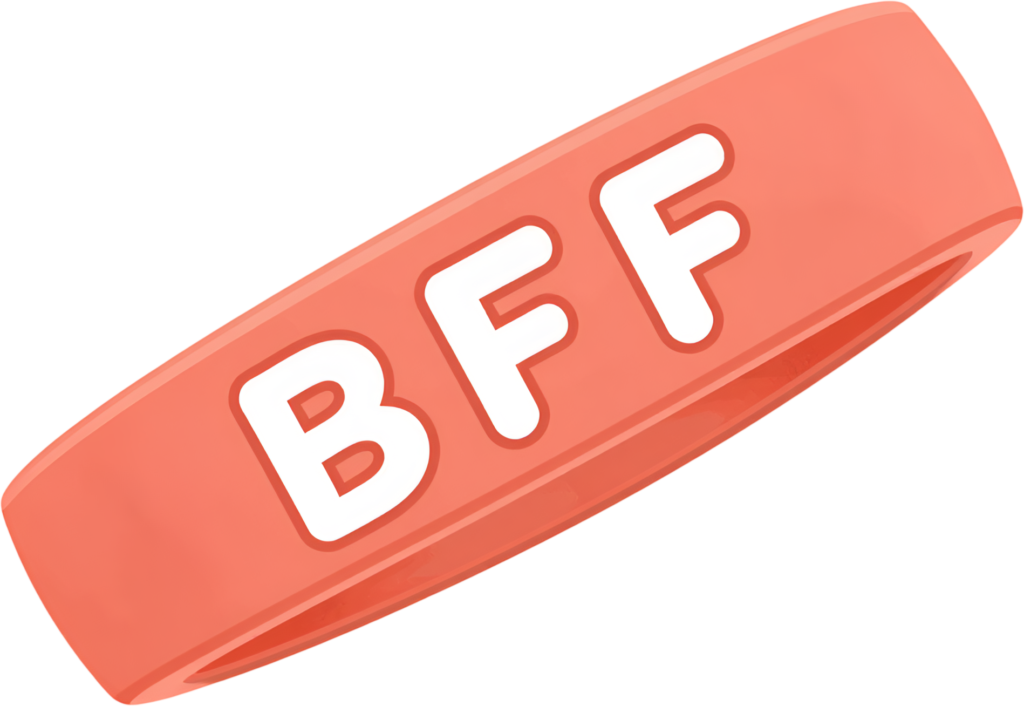 Featuring clear raised letters, this angled view peach silicone ‘BFF’ friendship wristband makes a great PNG Clipart