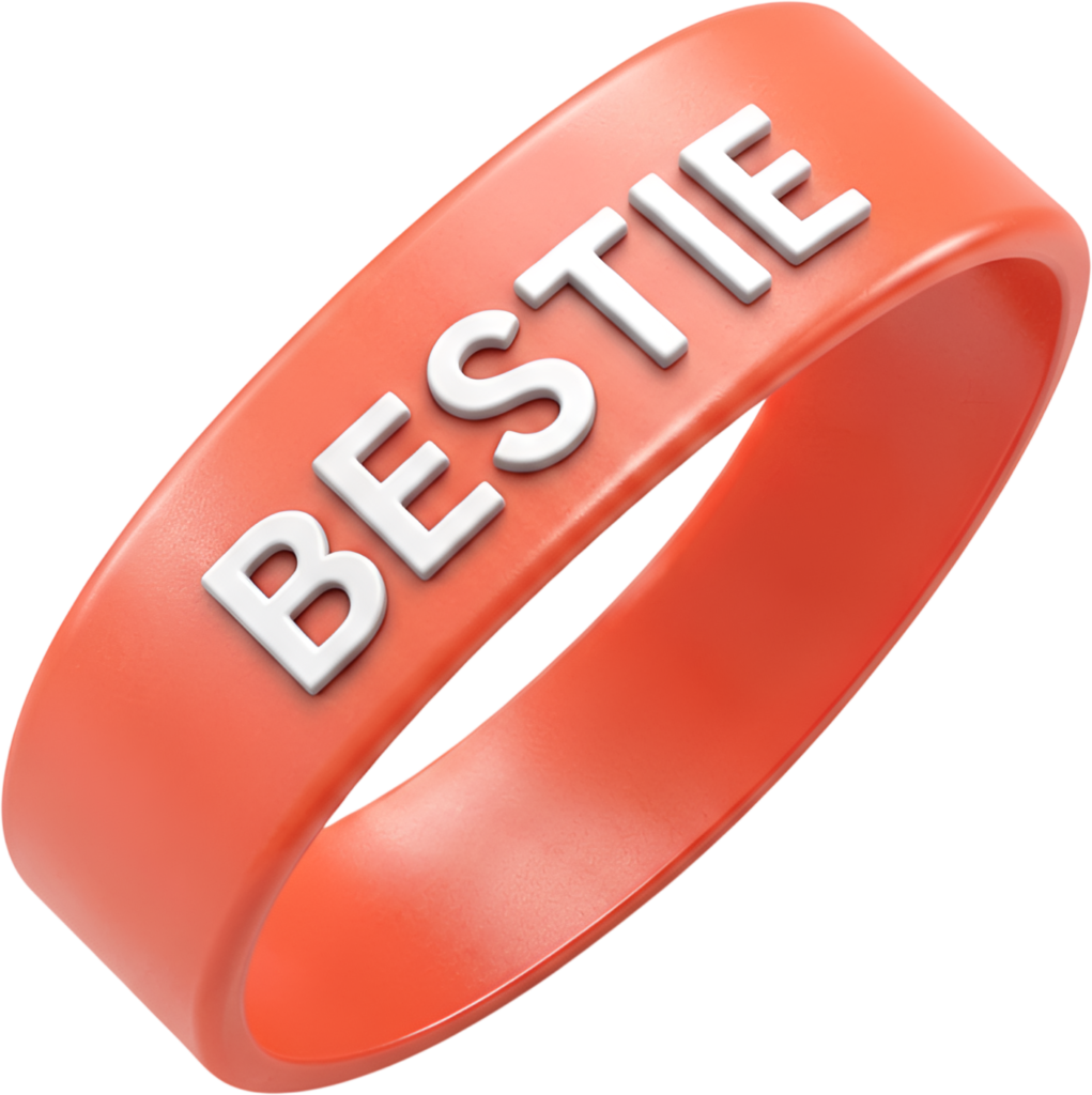 Warm coral hue highlights this ‘BESTIE’ silicone wristband with crisp raised text, a vibrant PNG Clipart image