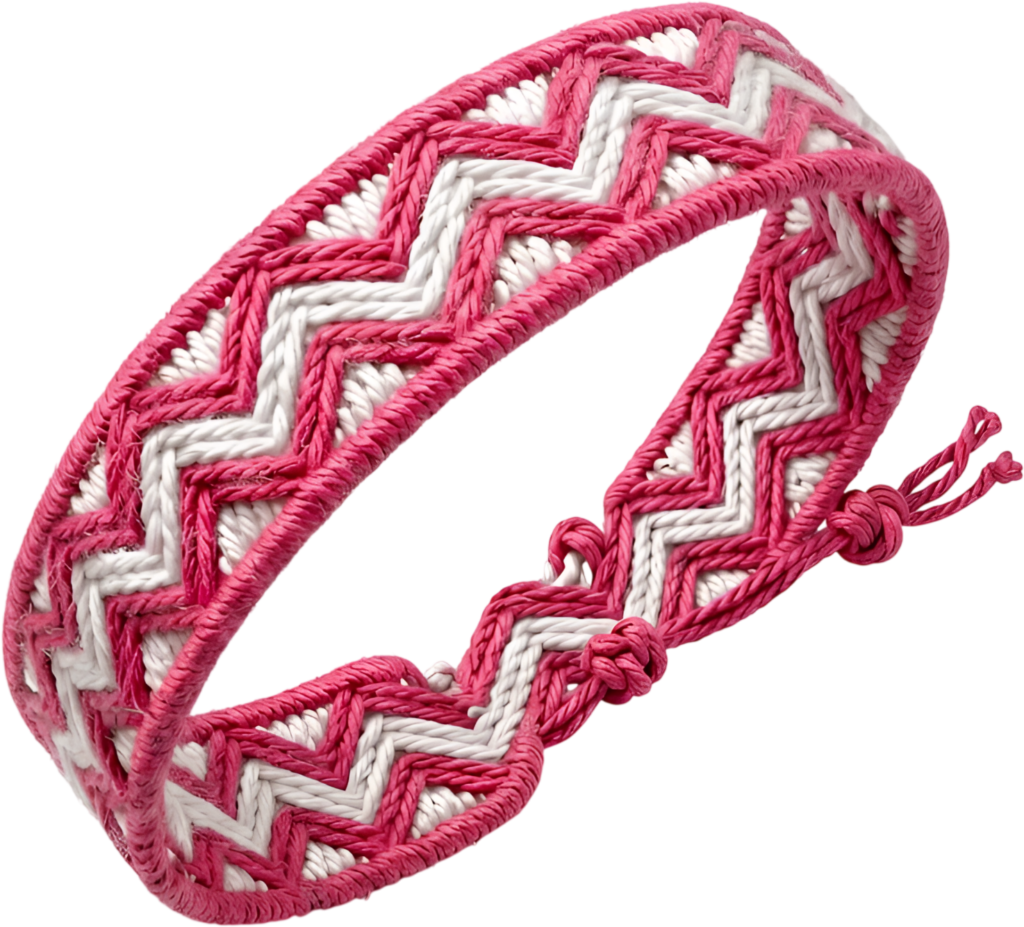 Showcasing a distinctive chevron pattern, this pink and white woven friendship bracelet serves as an ideal PNG Clipart