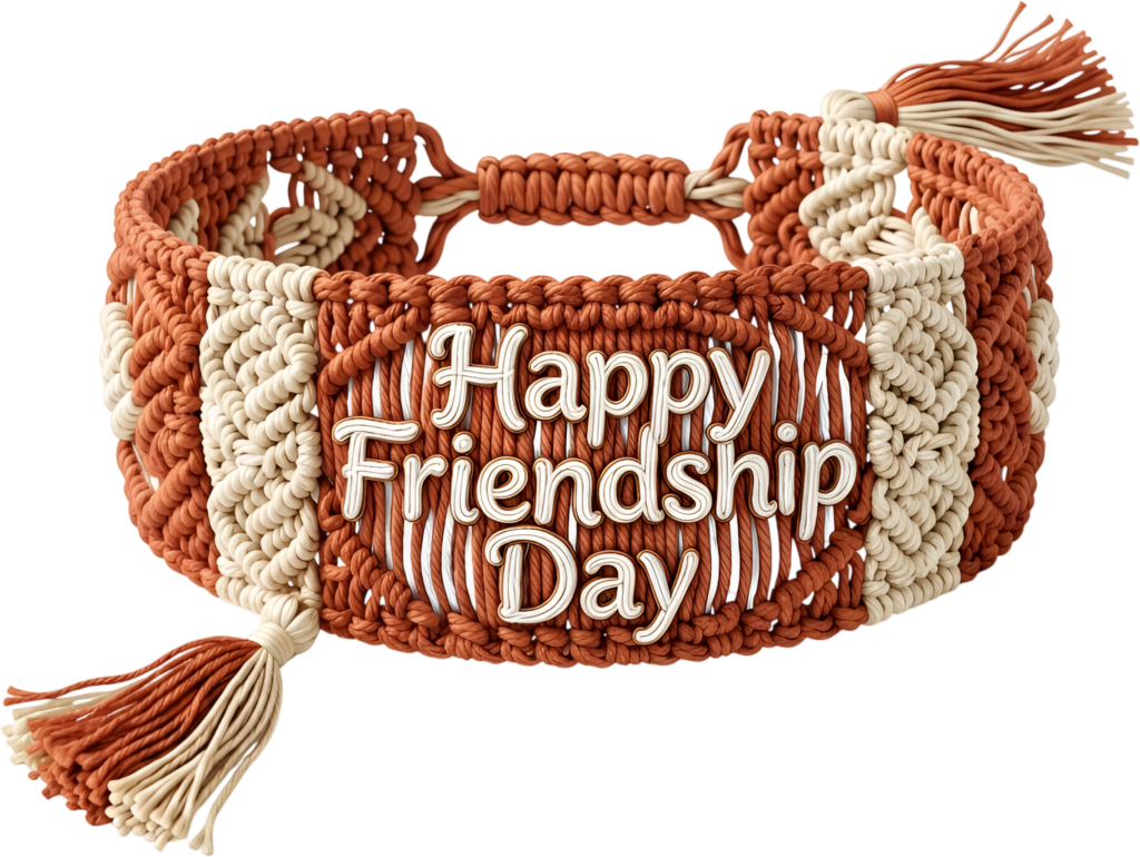 Macrame bracelet showcasing “Happy Friendship Day” text, a vibrant friends bracelet PNG clipart for celebrations