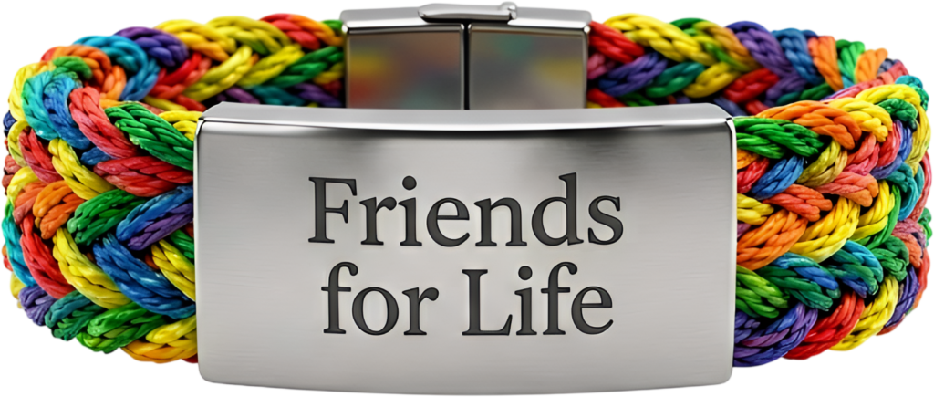 Engraved bracelet featuring “Friends for Life” message on a sleek silver plate, a modern friends bracelet PNG clipart for lasting bonds