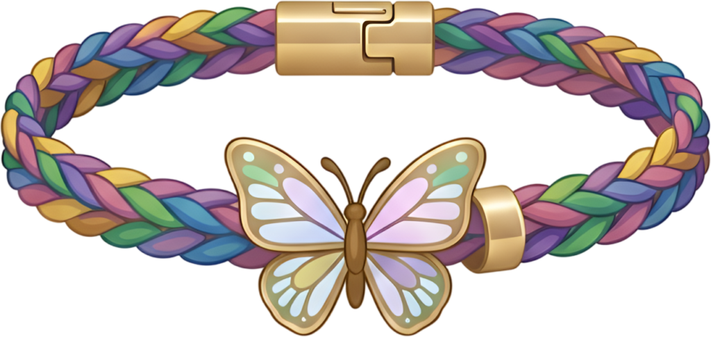 Butterfly bracelet showcasing a delicate gold charm on a pastel braided band, a whimsical friends bracelet PNG clipart for nature lovers