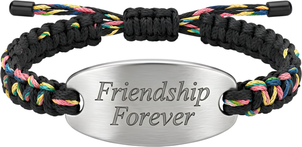 Paracord bracelet with a silver “Friendship Forever” engraved plate, a rugged friends bracelet PNG clipart for outdoor enthusiasts