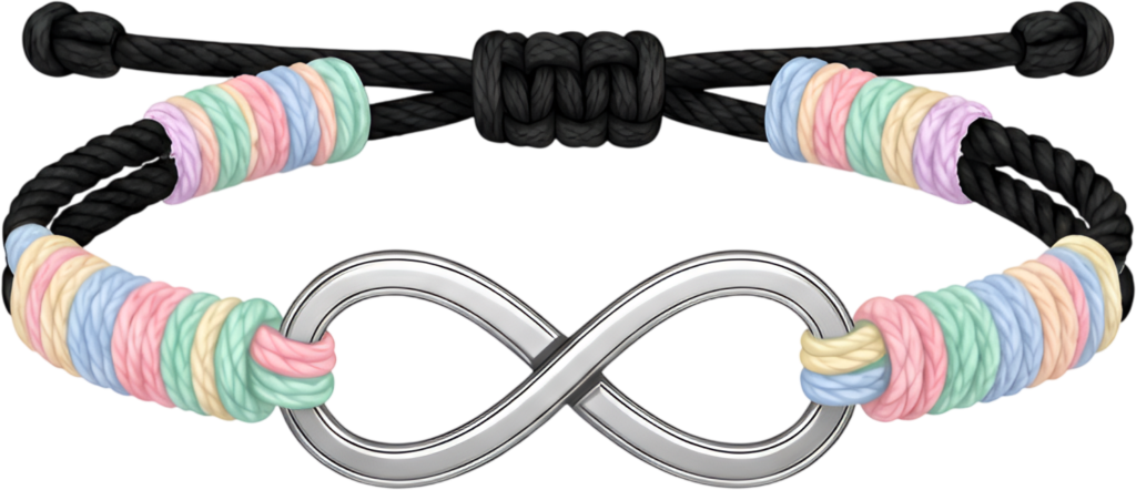 Rope wristband featuring a silver infinity symbol on pastel-wrapped black cord, a symbolic friends bracelet PNG clipart for meaningful connections
