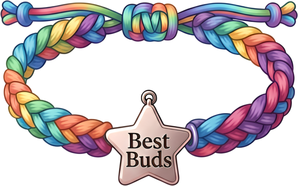 Star bracelet with a “Best Buds” charm on a vibrant rainbow braided band, a playful friends bracelet PNG clipart for youthful designs