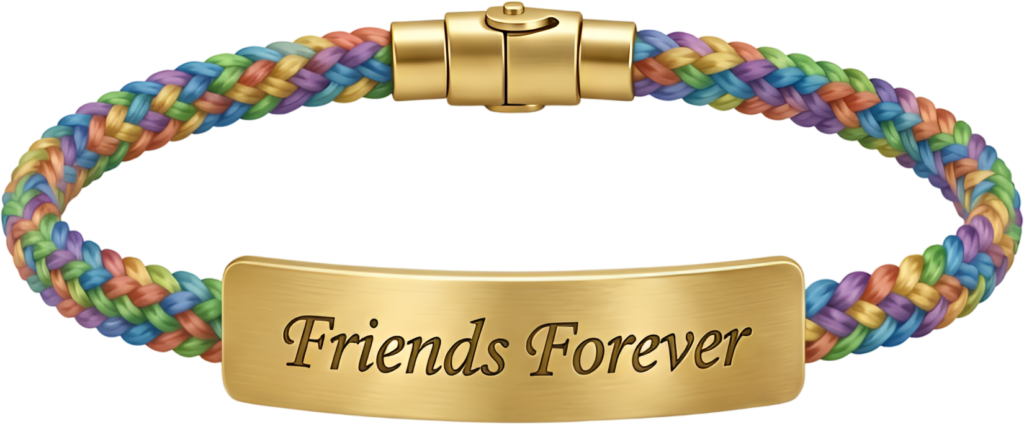 Identity bracelet with a gold “Friends Forever” engraved plate, a chic friends bracelet PNG clipart for personalized elegance