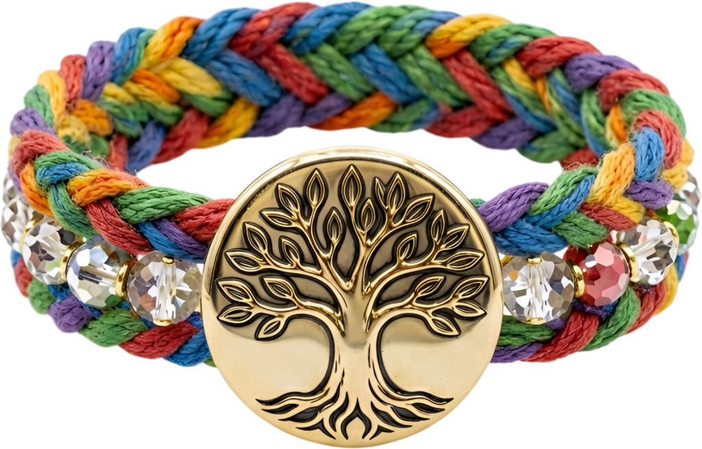 Tree of Life bracelet featuring a golden medallion and sparkling clear beads, a spiritual friends bracelet PNG clipart for nature-inspired themes