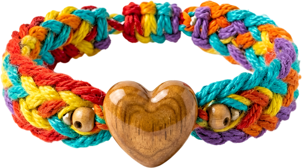 Macrame wristlet in vibrant rainbow hues with a charming wooden heart bead, a rustic friends bracelet PNG clipart for bohemian aesthetics