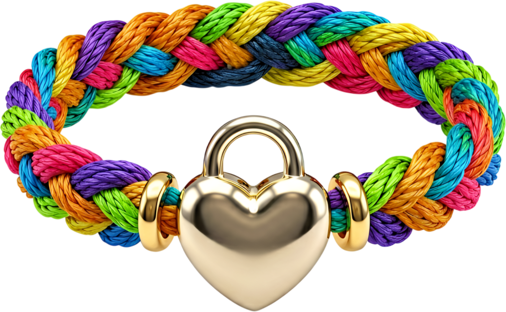 Padlock bracelet with a gleaming golden heart lock charm on a vibrant rainbow band, a romantic friends bracelet PNG clipart for symbolic affection