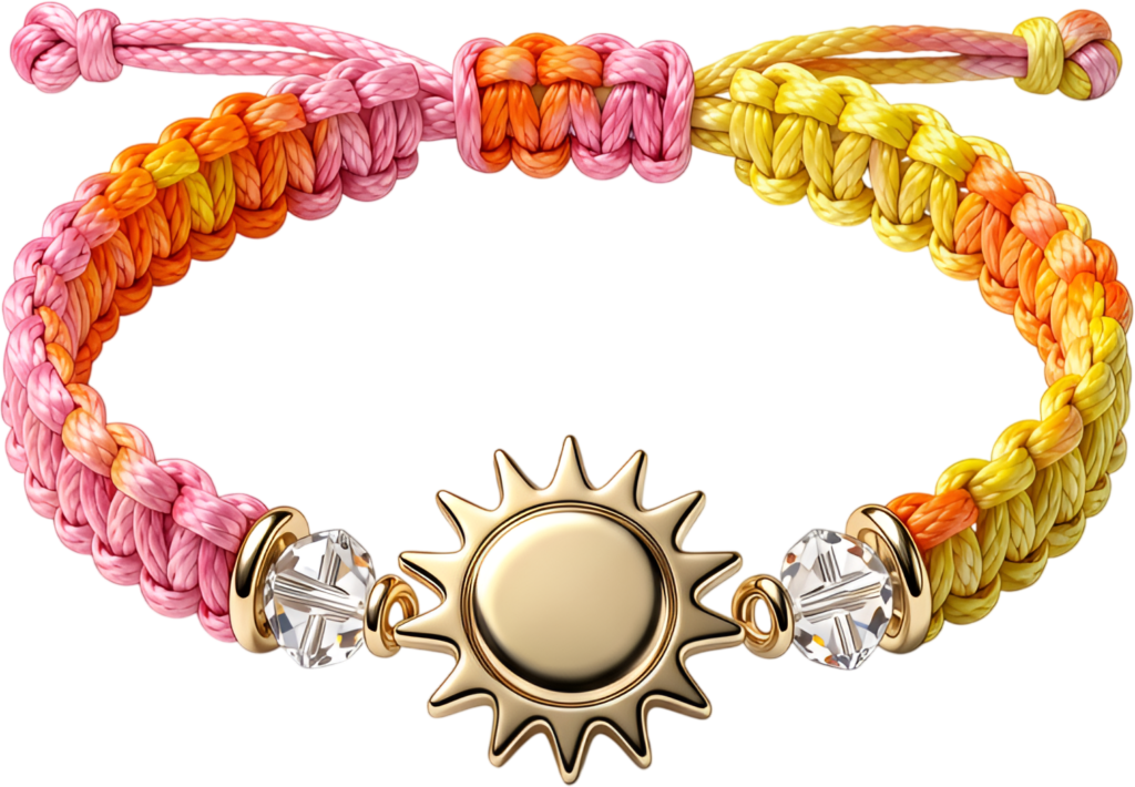 Sun bracelet with a radiant gold sun charm and sparkling beads on an ombre macrame band, a bright friends bracelet PNG clipart for sunny designs