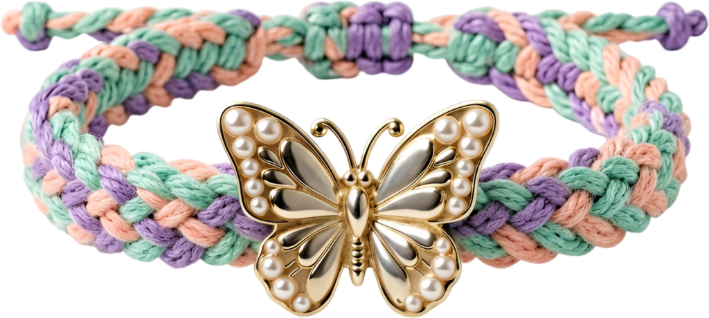 Pearl butterfly bracelet adorned with a stunning gold and pearl charm on a pastel braided band, an elegant friends bracelet PNG clipart for sophisticated graphics