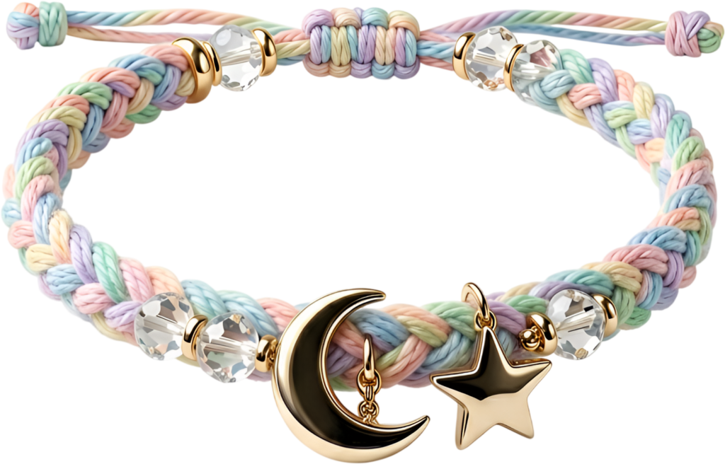 Celestial bracelet showcasing gold moon and star charms with clear beads on a pastel braided band, a dreamy friends bracelet PNG clipart for ethereal themes