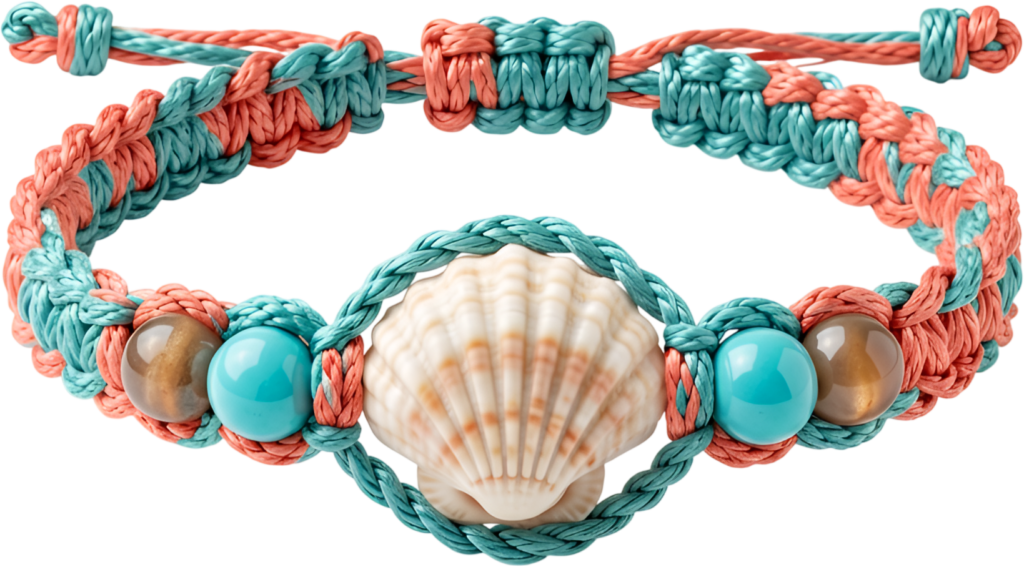 Seashell bracelet featuring a natural shell and vibrant turquoise beads on a teal and coral macrame band, a beachy friends bracelet PNG clipart for coastal projects